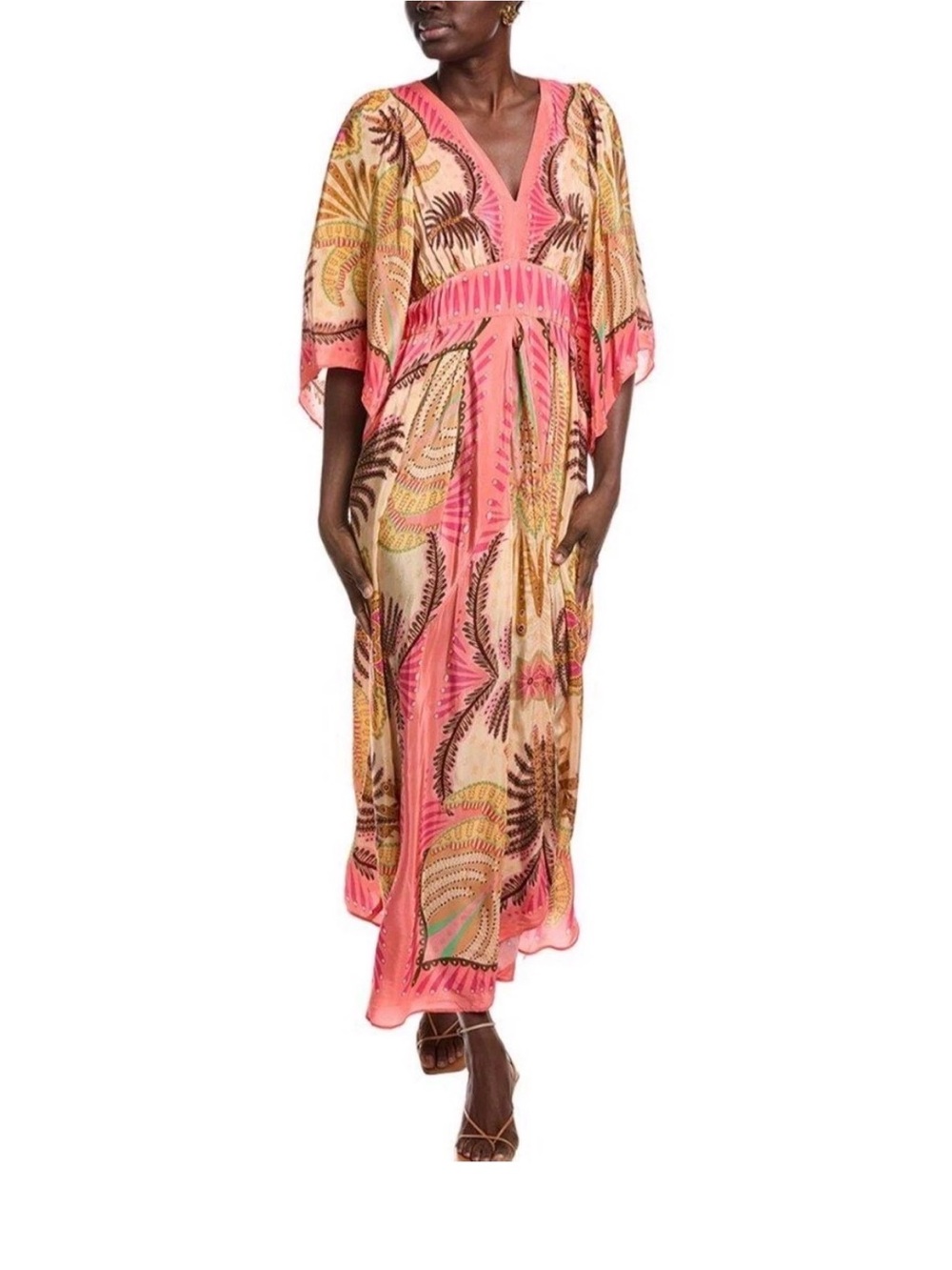 FARM Rio Palms Scarf Sand Coral and Gold Tropical-Print Maxi Dress